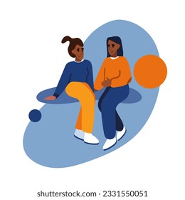 Ladies sitting outside and talking about life. Nice weekend rest. Leisure time on vacation. Communication between young adult people. Flat vector illustration in cartoon style