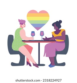 Ladies sitting in restaurant, looking at each other, holding glass with wine and talking. Bright personalities spend time together. LGBT community concept. Vector flat illustration