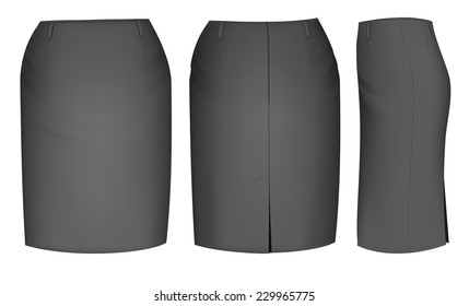 Ladies skirt for business women (front, back and side views). Formal work wear. Vector illustration.