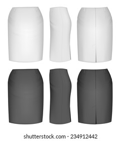 Ladies skirt for business women (front, back and side views). Formal work wear. Vector illustration.