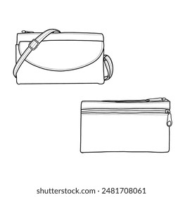 Ladies sling bag. Front, and back view. Vector illustration of sling bag icon line.