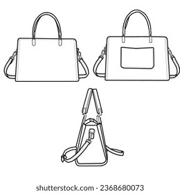 Ladies Sling Bag. Top Handle Bag flat sketch fashion illustration drawing template mock up.