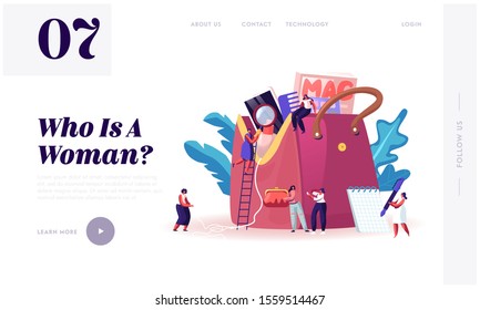 Ladies Stuff Website Landing Page. Tiny Women Characters Walk around of Huge Female Bag with Things and Variety of Personal Belongings and Cosmetics Web Page Banner. Cartoon Flat Vector Illustration