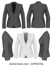 Ladies suit jacket for business women (front, back and side views). Formal work wear. Vector illustration.