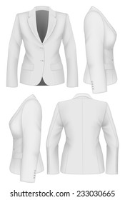 Ladies suit jacket for business women (front, back and side views). Formal work wear. Vector illustration.