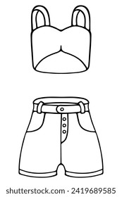 Ladies' summer casual outfit. Crop bra top with two straps and denim shorts with pockets. Sketch. Women's romantic clothing. Vector illustration. Doodle style. Outline on isolated background. 