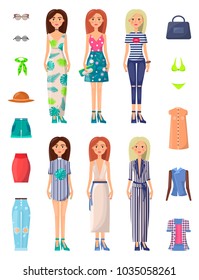 Ladies and summer mode set of posters and women representing summer mode, dresses and accessories, hats and bracelets, handbags vector illustration