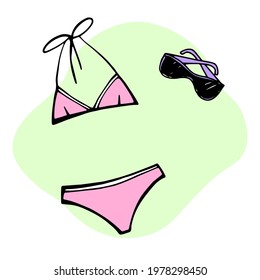 Ladies summer pink swimsuit and sunglasses as design elements. Hand drawn sketch style. Line Art. Swimsuit and sunglasses isolated on white