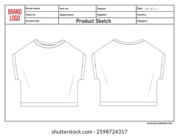 Ladies t shirt tops technical drawing fashion flat sketch vector illustration template with tech pack details	