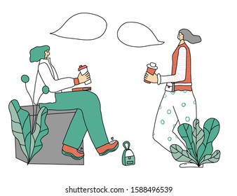 Ladies talking about lifestyle. Two happy young women with  sport cups. Vector color illustration.