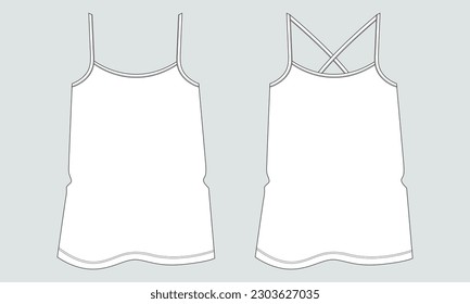 Ladies tank tops technical drawing fashion flat sketch vector illustration template front and back views. Apparel design vector illustration mockup for ladies