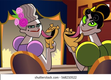 The ladies in the theater with a dog cartoon comic style