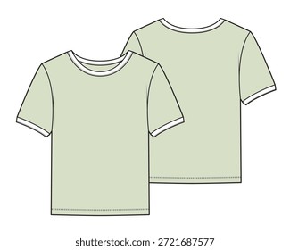 Ladies t-shirt front and back view design technical flat sketch vector mockup template.