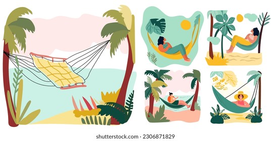 Ladies unwinding by the seaside. Females lounging in beachside hammocks, delighting in the warmth of the outdoor sun. A depiction of a holiday atmosphere. Vector illustration