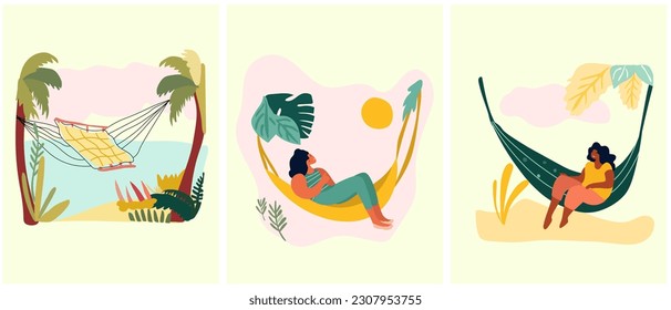 Ladies unwinding by the seaside. Females lounging in beachside hammocks, delighting in the warmth of the outdoor sun. A depiction of a holiday atmosphere. Vector illustration