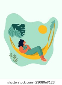 Ladies unwinding by the seaside. Females lounging in beachside hammocks, delighting in the warmth of the outdoor sun. A depiction of a holiday atmosphere. Vector illustration