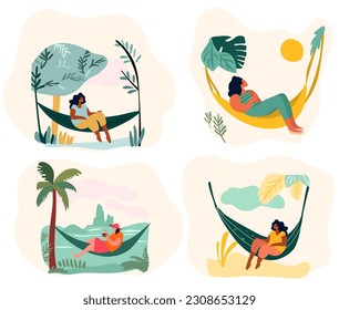 Ladies unwinding by the seaside. Females lounging in beachside hammocks, delighting in the warmth of the outdoor sun. A depiction of a holiday atmosphere. Vector illustration