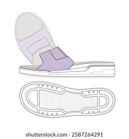 Ladies utility sandals vector design mockup template technical flat drawing.