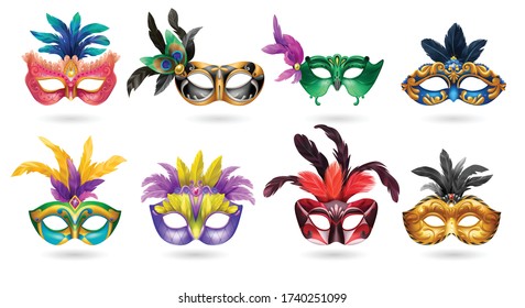 Ladies venetian carnaval masquerade colorful eye masks with feathers realistic set white background shadow isolated vector illustration 