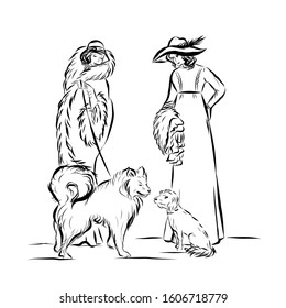 Ladies in vintage style walk with dogs. Women dressed in long dress, fur coat and broad-brim hats. Drawing for coloring. Graphic female silhouette.