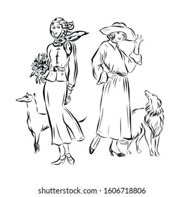 Ladies in vintage style walk with dogs. Women dressed in long dress and broad-brim hats. Drawing for coloring. Graphic female silhouette.