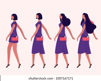 ladies walking in one direction isolated on background vector set