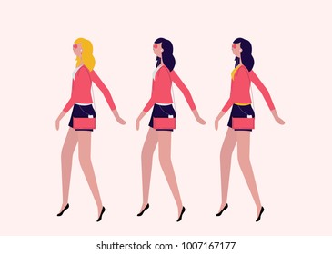 ladies walking in one direction isolated on background vector set