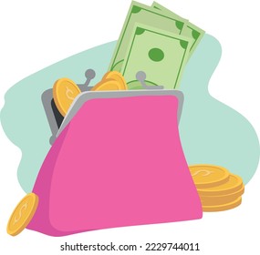 Ladies wallet for money. Vector illustration of dollars in a wallet. Cash bills and gold coins