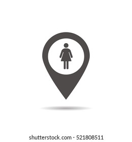 Ladies WC location icon. Drop shadow map pointer silhouette symbol. Woman's restroom pinpoint. Vector isolated illustration