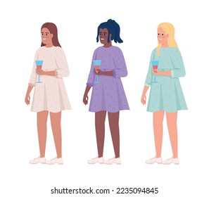 Ladies wearing beautiful dresses semi flat color vector characters set. Editable figures. Full body people on white. Party simple cartoon style illustration pack for web graphic design and animation