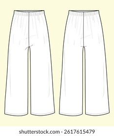 Ladies wide leg black and white trouser technical drawing fashion flat sketch vector illustration template front and back views outline CAD mockup