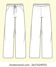 Ladies wide leg trouser technical drawing fashion flat sketch vector illustration template front and back views outline CAD mockup