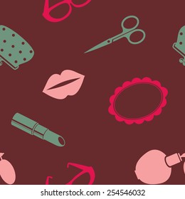 Ladies women backdrop. Seamless pattern with women accessories. Eps 10 vector illustration.
