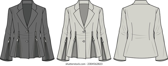 Damas Zip Blazer boceto plano delantero y posterior dibujo técnico dibujo ilustración vectorial plantilla