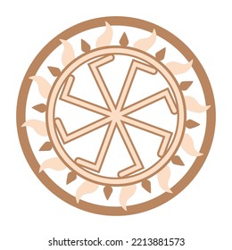 Ladinets, female Kolovrat, a Slavic symbol decorated with Scandinavian weaving ornaments. Beige trendy, design with runes and sun