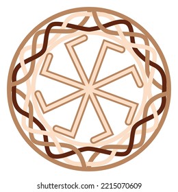 Ladinets, female Kolovrat, a Slavic symbol decorated with Scandinavian weaving ornaments. Beige trendy, design with runes and sun