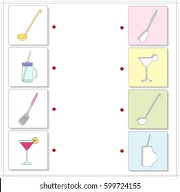Ladle, bank with a drink, kitchen spatula, cocktail. Educational game for kids. Choose the correct silhouettes on the opposite side and connect the points