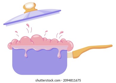 A ladle with boiling liquid, boiling milk or other liquid on the stove, splashes and splashes, a blown lid from steam in a flat style isolated on a white background. Vector illustration