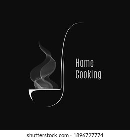 Ladle dark logo. Ladle of hot soup with steam. Home cooking on  black background