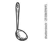 Ladle hand drawn doodle. Food scooping device. Big spoon. Tableware. Kitchen utensils. Household appliance. Vector sketch line art illustration.