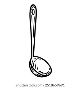 Ladle hand drawn doodle. Food scooping device. Big spoon. Tableware. Kitchen utensils. Household appliance. Vector sketch line art illustration.