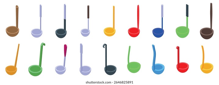  Ladle icons set. Different types and colors of soup ladles isolated on white background