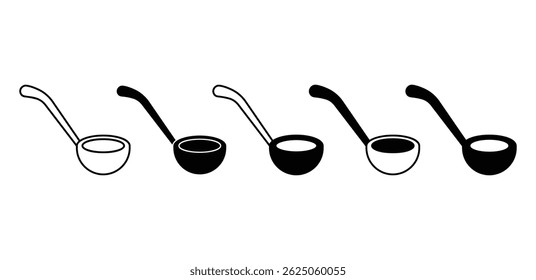 Ladle Icons Set Simple Minimalist Line Art Kitchen Utensil Illustrations Black and White Color Vector Design