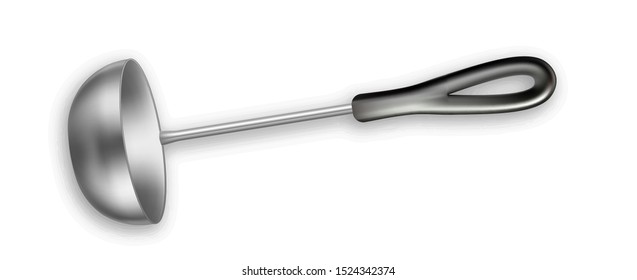 Ladle Metal Soup Tool Kitchenware Appliance Vector. Metallic Kitchen Accessory Ladle, Polish Flatware. Aluminium Spoon Culinary Equipment Dishware Template Realistic 3d Illustration