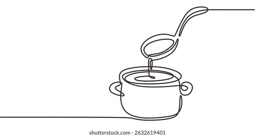 Ladle pouring liquid into pot one line art. Cooking soup sauce preparation. Kitchen culinary process.