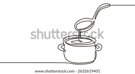 Ladle pouring liquid into pot one line art. Cooking soup sauce preparation. Kitchen culinary process.