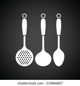 Ladle set icon. Black background with white. Vector illustration.