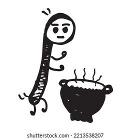 The ladle is silent in front of the boiling pot hand drawn vector