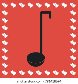 Ladle spoon icon flat. Simple black pictogram on red background with white hearts for valentines day. Vector illustration symbol