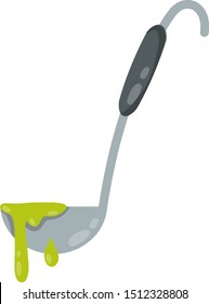 Ladles. Large metal spoon with yellow liquid. Green drops. Food preparation. Element of kitchen and tableware. Cartoon flat illustration